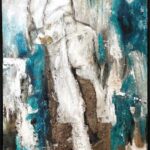 Werk uit de expositie van Dora Devilee en Kees Putman: abstract werk in wit, petrol en bruin met reli&euml;f